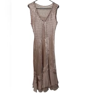 KOMAROV Champgne/pink Sheer Sleeve Embellished Charmeuse Trim Dress Fairy Whimsy